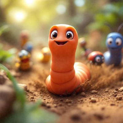 The primary subject of the image is a large, happy-looking caterpillar with a big smile on its face. The caterpillar is surrounded by a group of smaller caterpillars, creating a lively and playful scene. The setting is a dirt field, and the visual style appears to be a digital art or illustration. The colors and mood of the image are predominantly warm and cheerful, with the caterpillar's smile being the focal point of the
